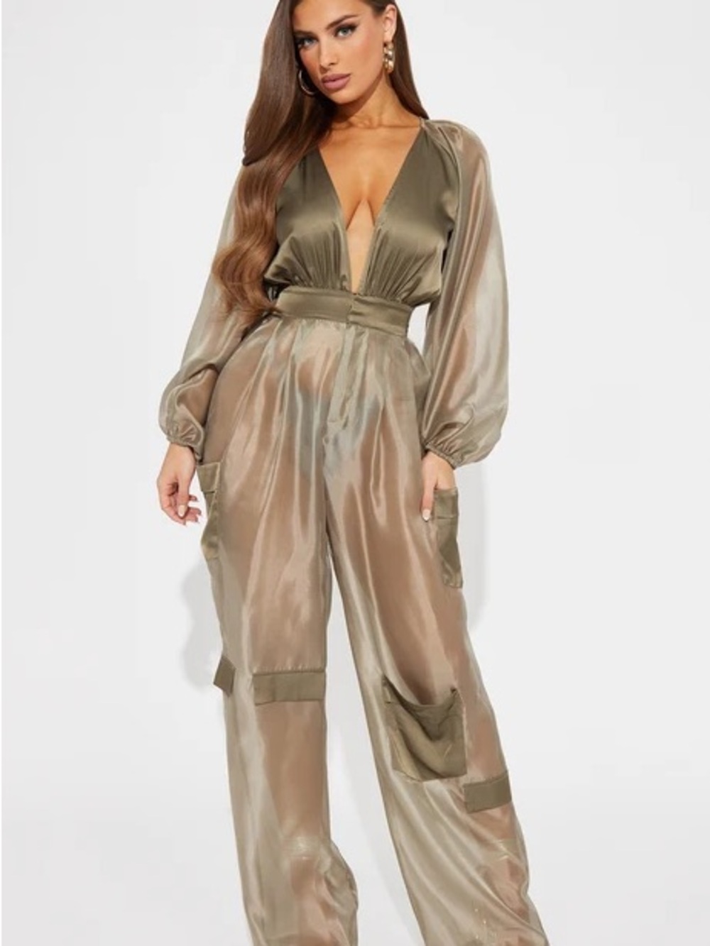 Fashion Nova Olive Satin V-Neck Utility Jumpsuit